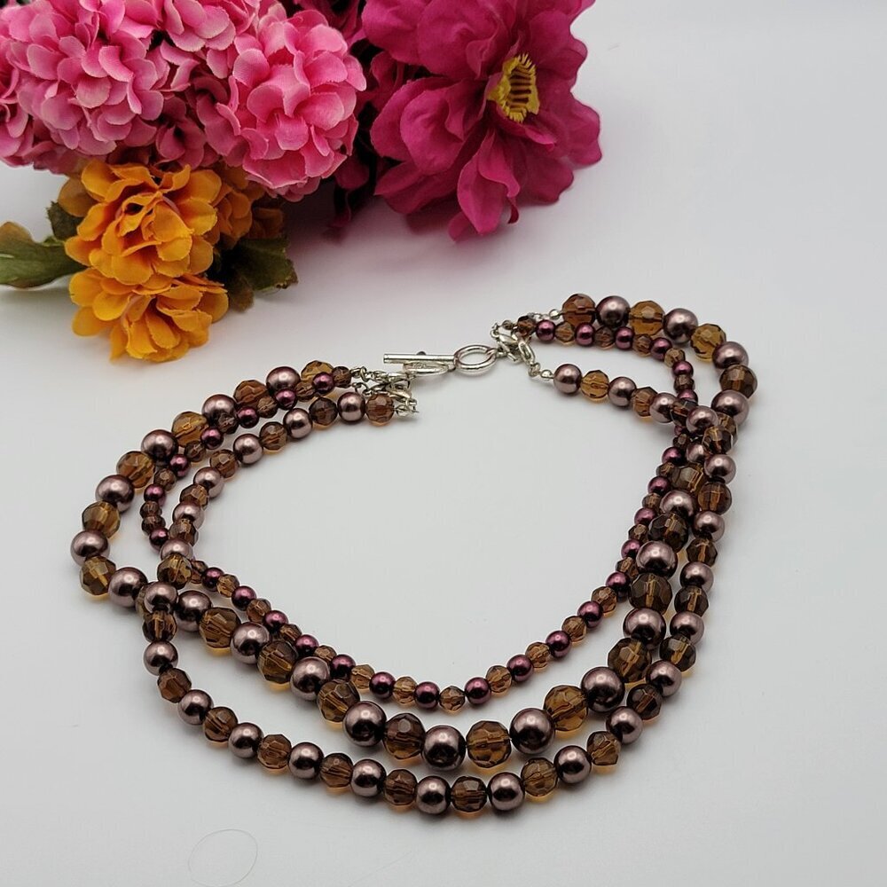 Premier Designs Amber Cognac Glass & Faux Pearl 3-Strand Necklace Vintage 17"